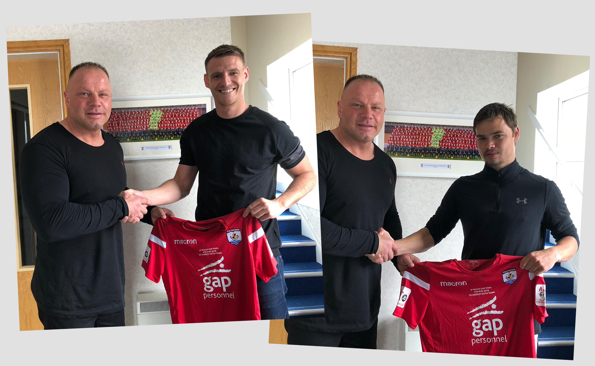 Andy Morrison pictured with new signings, Michael Parker (left) and Noah Edwards (right)